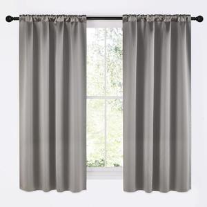 NICETOWN Room Darkening Cafe Satin Curtains for Small Windows, 42" Wide by 63" Long, 2 Panels, Chrome Gray, Rod Pocket Privacy Blackout Drapes for Play Room