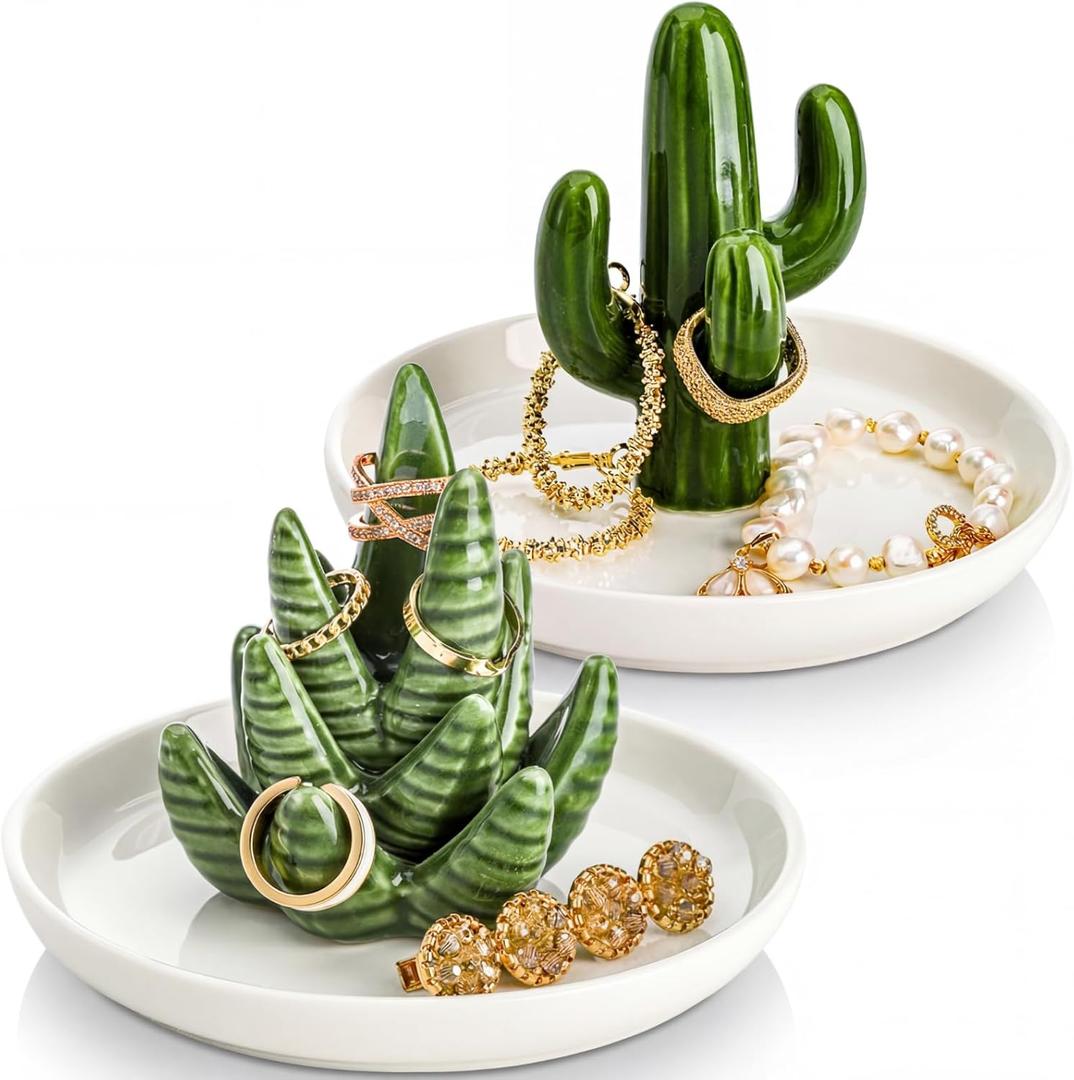Elsjoy Set of 2 Ceramic Ring Holder Dish, Decorative Round Jewelry Display Trays, Aloe & Cactus Small Trinket Plate for Home, Gift, Mother's Day