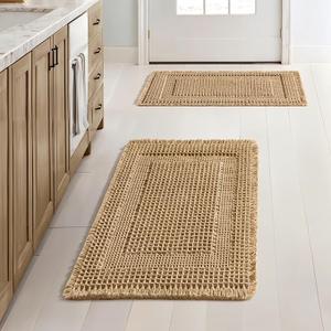 MIULEE Set of 2 Waffle Bathroom Rugs, Boho Bath Rug Super Absorbent, Non Slip Washable Ultra Soft Rubber Backed Shower Bath Mats for Floor, Tub, Shower, Looped Design, Brown, 17x24 Inch