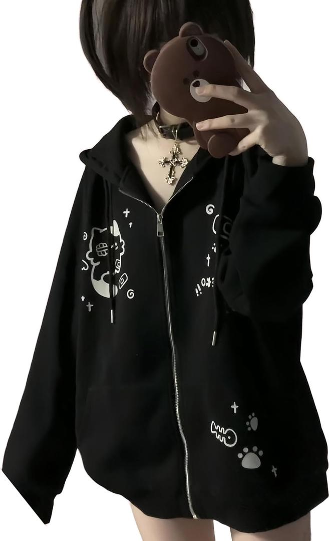 Dynict Womens Y2K Zip Up Cute Graphic Hoodies Cat Ears Casual Cartoon Harajuku Kawaii Clothes Oversize Streetwear Jacket (Black, M)