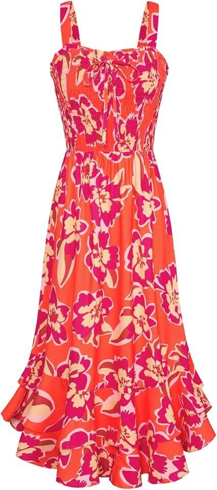 GRACE KARIN Women's 2025 Summer Floral Boho Dress Square Neck Strapped Swing A Line Sundress Beach Long Maxi Outfits, Purple Orange, M