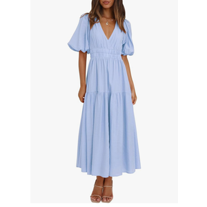 Lucrosun Women's Summer V Neck Short Puff Sleeve A Line Tiered Midi Dress, L