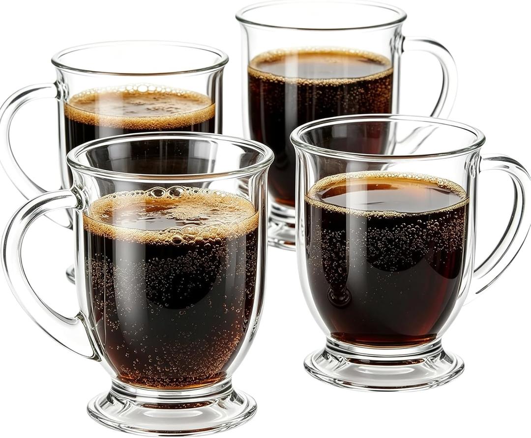 NBABSR Clear Glass Coffee Mugs Set of 4, 16 OZ Large Glass Beer Cups with Handle,Bottom NineSided Diner Mug for Men and Women Hot Beverages,Tea, Cappuccino, Latte, Espresso, Juice Mothers