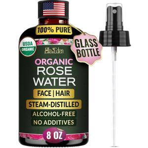 Ella & Eden 100% Pure Organic Rose Water Spray for Face, for Hair - 8oz, R-OH-Free, No additives - USDA Organic, Steam-Distilled - Refreshing, Hydrating, Glass Bottle
