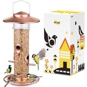 iBorn Bird Feeders for Outdoors, 2LB Metal Bird Feeders 17cm Large Roof &Tray, 4 Feeding Ports, Brushed Copper Finishing