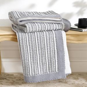 Amlie Home Striped Knit Throw Blanket for Couch, Dual-Sided Soft Chenille Decorative Blankets for Sofa & Chair, 50"x60", Gray & White