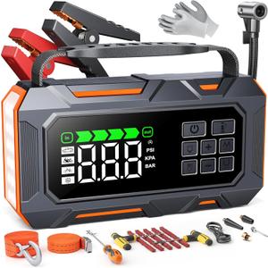 Portable Jump Starter with Air Compressor 8000A 160PSI, 16-in-1 Car Battery Jump Starter with Emergency Kit, Auto-Shutoff Tire Inflator, Jumper Cables, Jump Box Car Battery for All Gas/14L Diesel