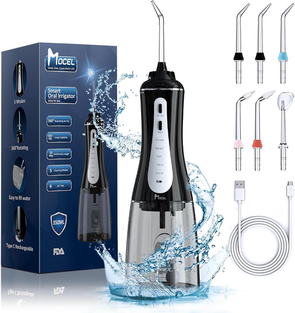 Water Dental Flosser Oral Irrigator with 5 Modes, 350ml Cordless Water Teeth Cleaner Pick 6 Tips, IPX7 Waterproof Rechargeable Portable Powerful Battery for Travel & Home Braces & Bridges Care (Black)