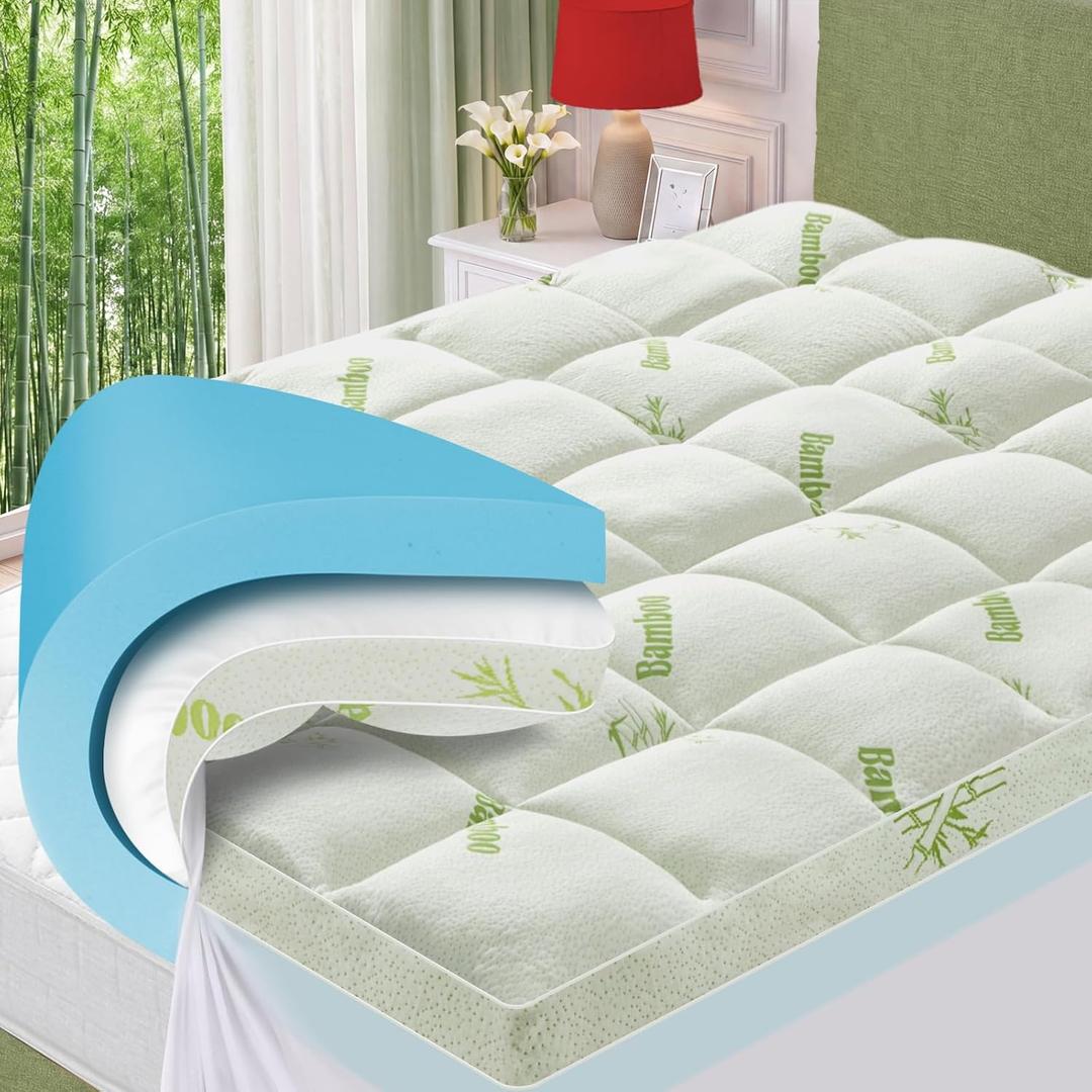 GRUSIGN Full Memory Foam Mattress Topper, 4 Inch Dual Layer Gel Foam Mattress Pad with Soft Pillow Top Cover, Viscose Made from Bamboo, Overfilled, Deep Pocket 8"-18"