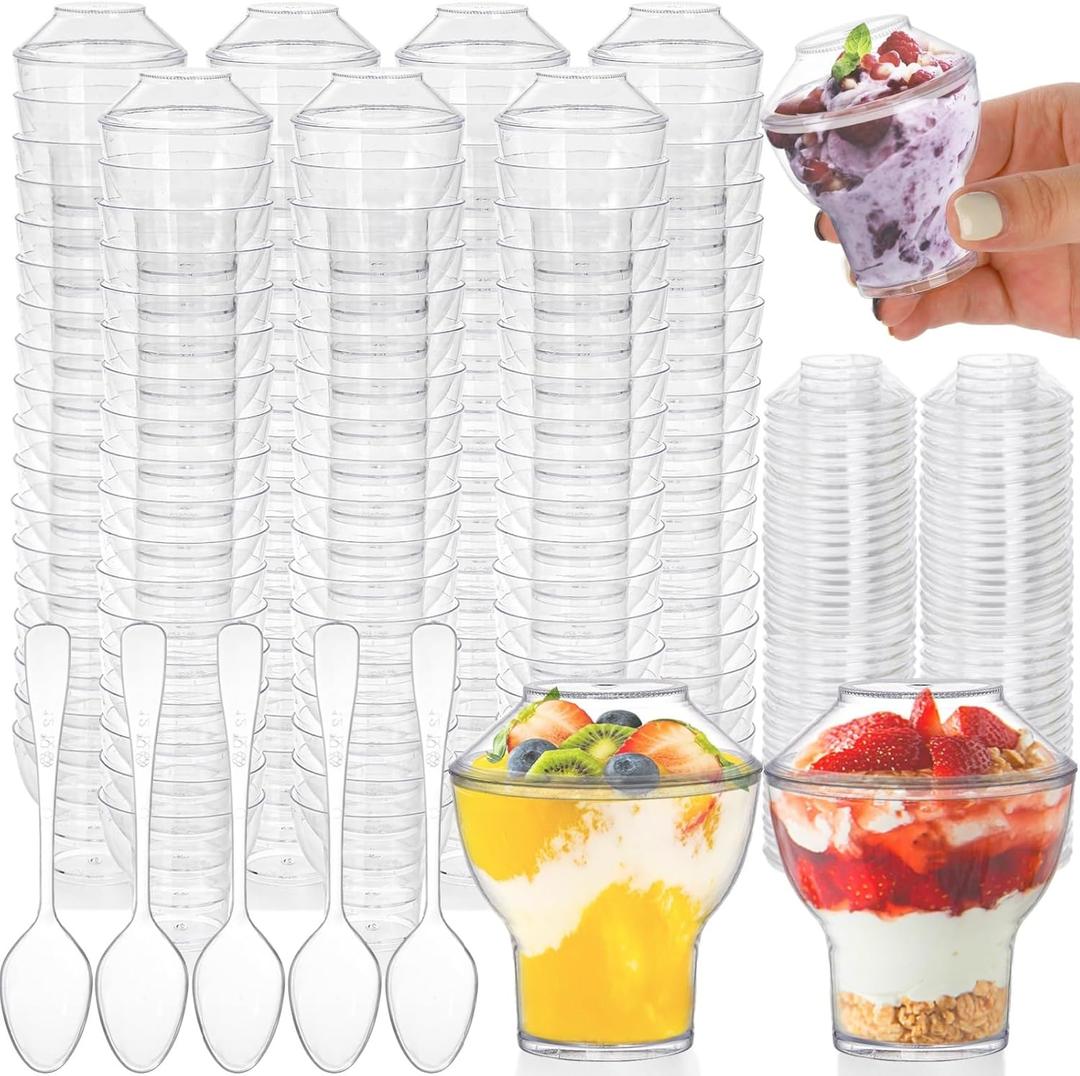 100 Pack 2.5 OZ Plastic Dessert Cups with Lids, Mini Parfait Appetizer Cups, Clear Dessert Shooter Cups with Spoons, Individual Ice Cream Pudding Cup for Jelly, Yogurt, Trifle, Fruit