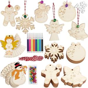 OurWarm 48pcs Wooden Christmas Ornaments Crafts for Kids, Unfinished Wood Slices Ornaments, DIY Crafts Christmas Ornaments Set for Christmas Tree Ornaments