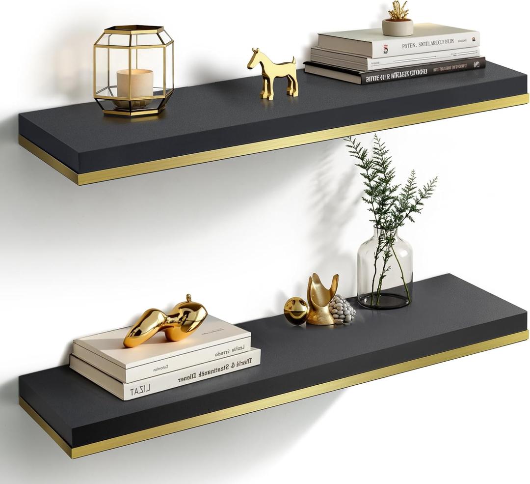 Gronda Floating Shelves for Wall, 23.6 Inch Black Floating Shelves Modern Home Decor Hanging Storage Organizer with Invisible Bracket Wall Mount for Bedroom Living Room Bathroom Kitchen, Set of 2