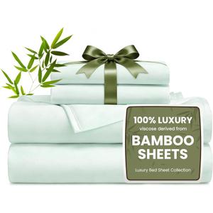 Love's cabin 4 Piece Queen Sheet Set, 100% Rayon Derived from Bamboo, Cooling & Breathable, Soft Silky Deep Pocket up to 16", Hotel Luxury Bedding for Hot Sleepers, Sea Glass