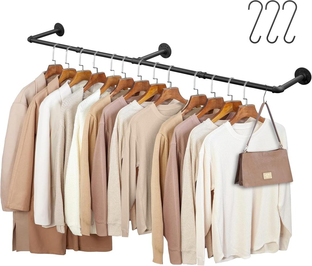 66.1" Industrial Pipe Clothing Rack, Wall Mounted Clothes Rack for Hanging Clothes, Detachable Space-Saving Heavy Duty Iron Garment Rail for Closet Storage 3 Base, Black