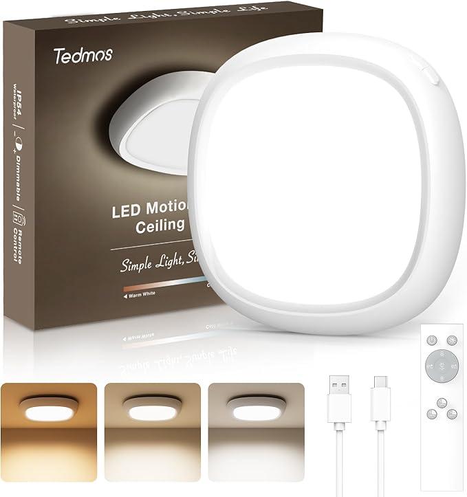 Rechargeable Shower Light for Inside Shower, 12000mAh Motion Sensor Wireless Ceiling Light with Remote No Wiring, Battery Operated Closet Lights Cordless LED Overhead Lighting for Pantry Bathroom