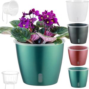Self-Watering Pots for Indoor Plants, 4-Pack 6.7'' Self Watering Planter with Drainage Holes, Small African Violet Pots with Water Indicator, Orchid Pot, White/Grey/Blue/Rose Gold