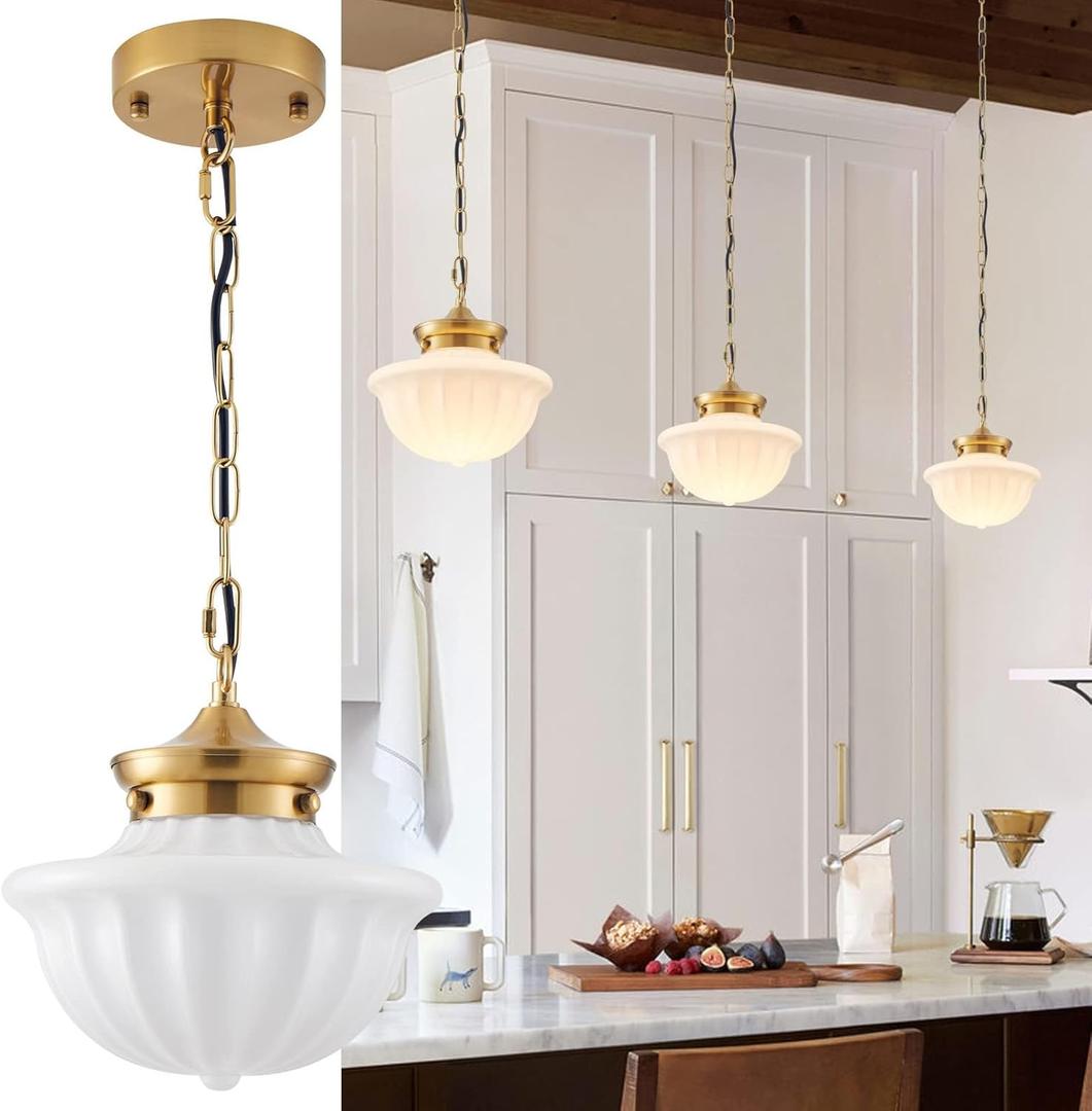 Schoolhouse Pendant Fixtures, 9" Brass Gold Milk Glass Pendant Light, Adjustable Mid Century Ceiling Pendant Lighting for Bedroom Kitchen Living Room Hallway Dining Room