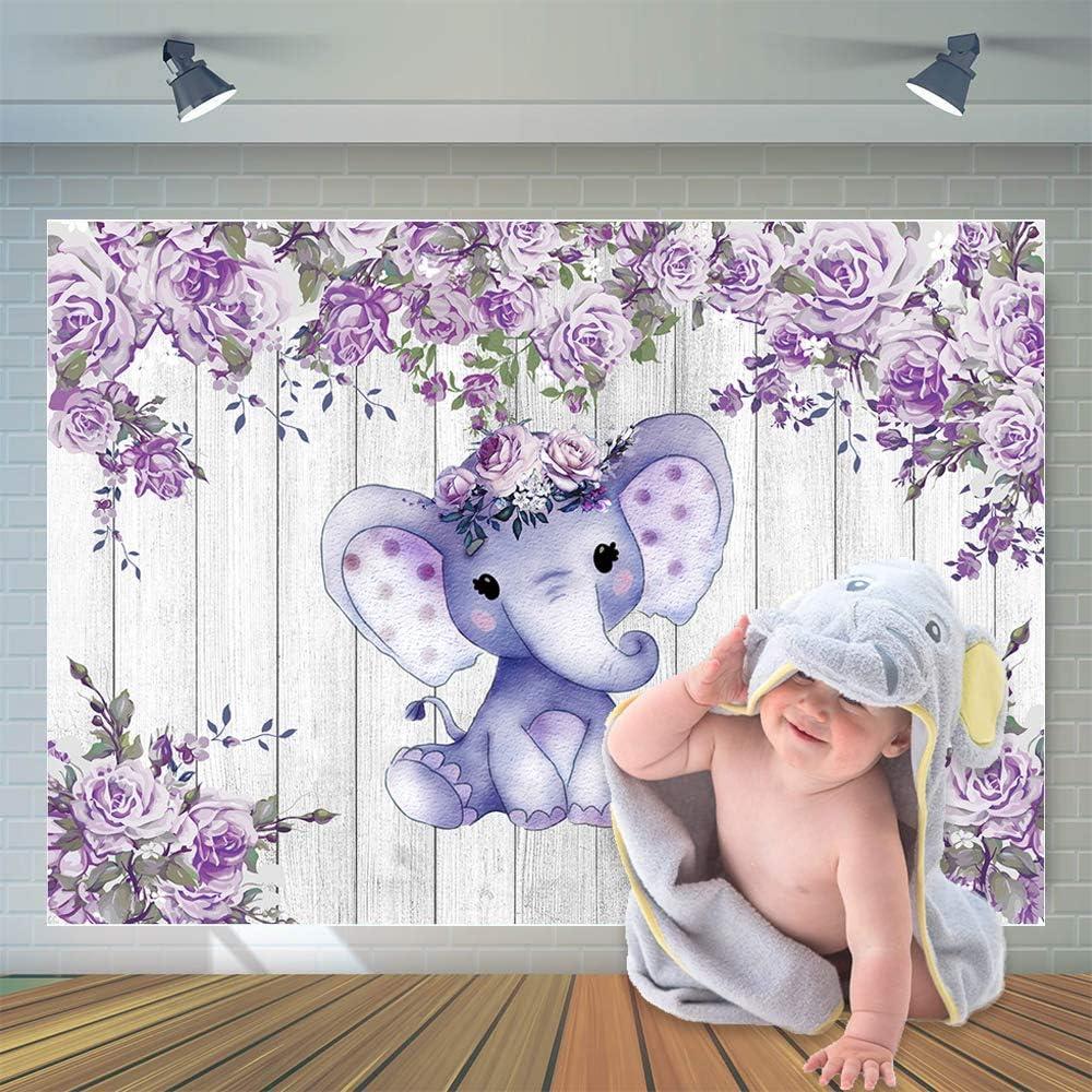 7X5 ft Elephant Theme Backdrop Rustic Wood Elephant Backdrop Baby Shower Party Purple Flower Banner Girl Boy Newborn Kids Birthday Cake Table Decoration Banner D511