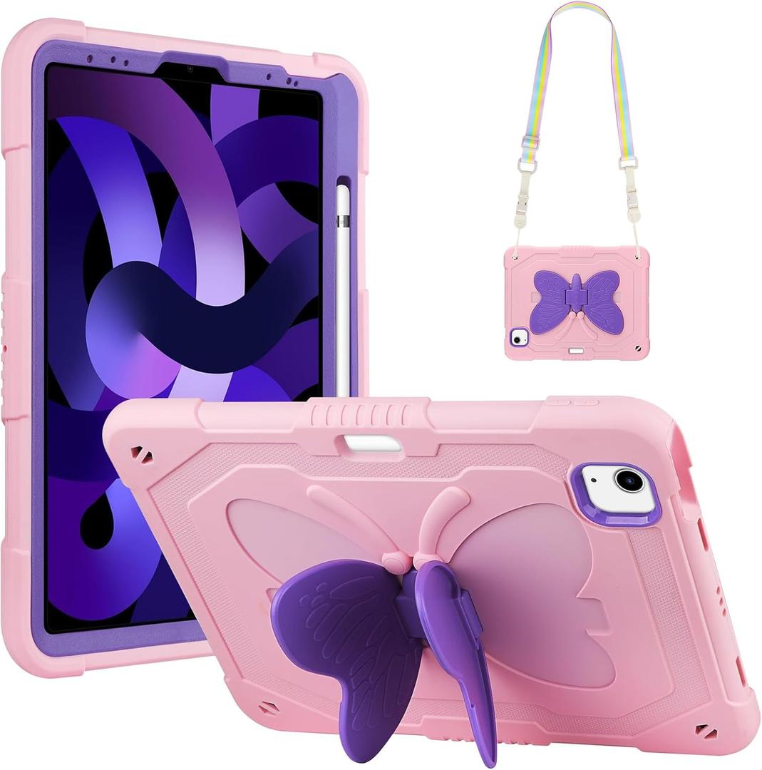 WESADN for iPad Air 5th/4th Generation Case for iPad Pro 11 Inch Case 4th/3rd/2nd/1st with Kickstand Butterfly Wings Strap Pencil Holder Kids Girls Cases i-Pad Air 5th 10.9, Pink Purple