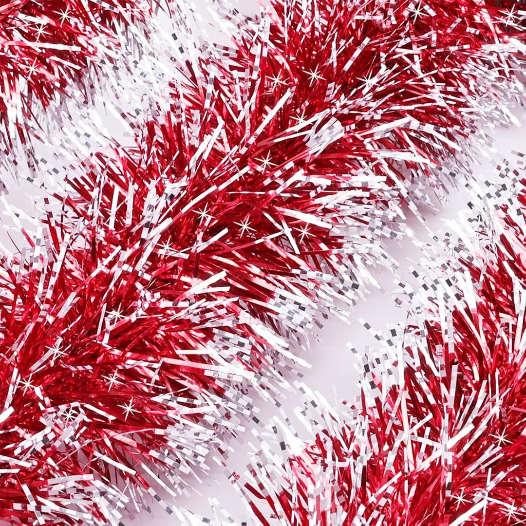 50Ft Christmas Tinsel Garland, Red Snowflake Metallic Twist Garland for Xmas Tree Decorations, Tinsel for New Year Party Ceiling Hanging Decorations Indoor and Outdoor Decor