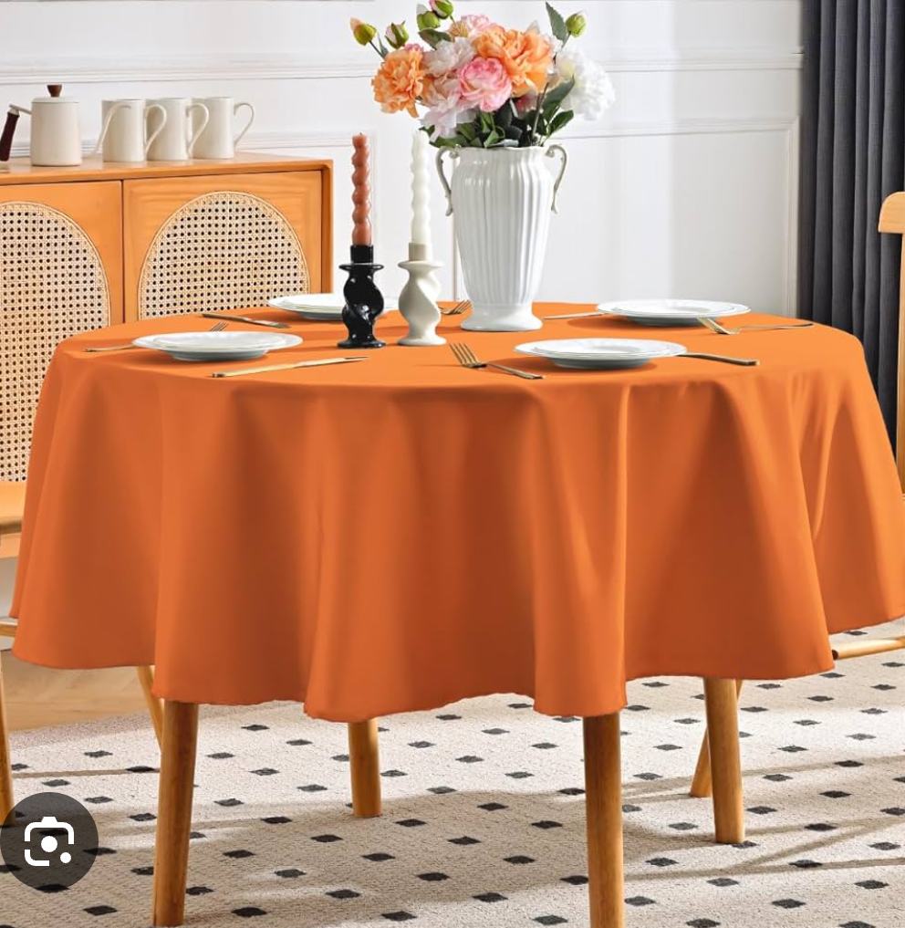Round Tablecloth Water and Stain Resistant Washable Table Cloth Selected Wrinkle Free Polyester Circular Table Cover for Dining, Parties, Camping (60 Inch, Orange)