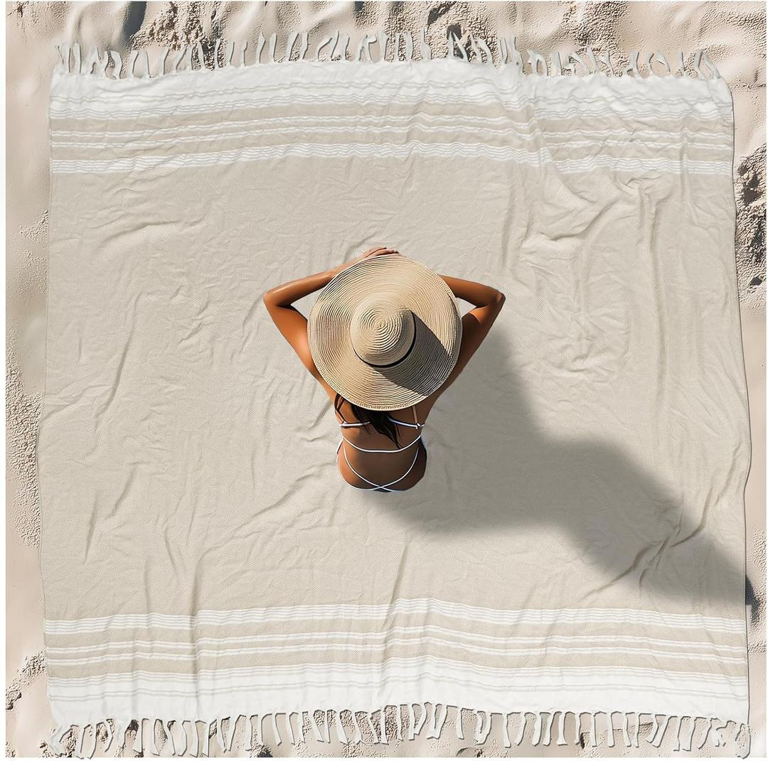 Vikumond Oversized Turkish Beach Towel Blanket XXL Cotton Sandproof Towels Boho Woven Extra Large Big Sand Free Giant Throw Blankets Huge Quilt XL Picnic Camping Necessities Cloud for Adult Gifts (XXXL(88x82 IN,224x208 CM), Z Beige Mtb)