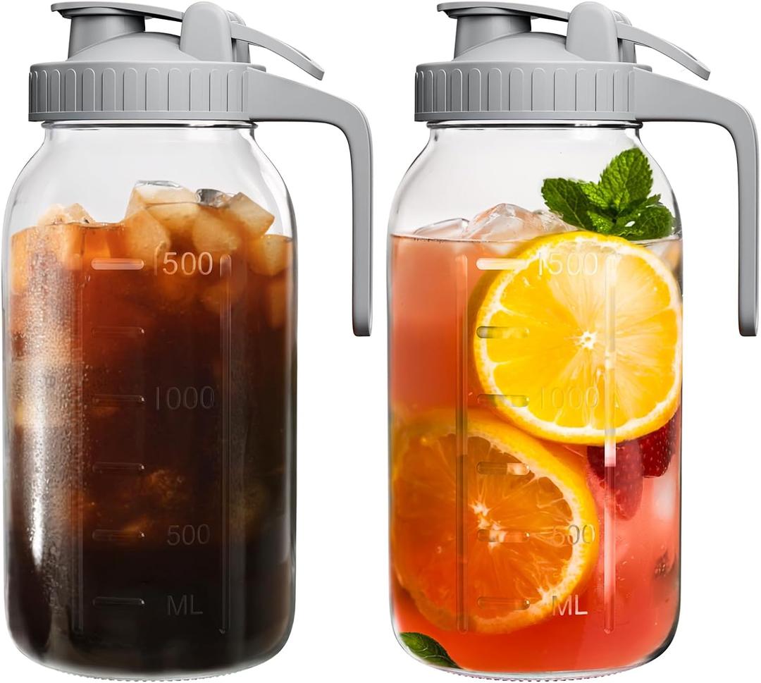 VA1KENE | 2 Pack | 64oz | Glass Pitcher with Lid Wide Mouth, 2 Quart (1.9 Liter) Mason Jar Pitcher with Lid and Spout, Leakproof Water Jug for Water, Juice, Tea, Iced Coffee, Milk Storage, Grey