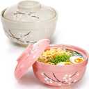 Goaste 2 Pack Ceramic Ramen Noodle Bowl, 27 OZ Big Ramen Bowl with Lid, Japanese Hand-Painted Ceramic Tableware, Durable Floral Soup Bowl for Noodles, Porridge, Rice, Dishwasher Safe(Pink, Cyan Blue)