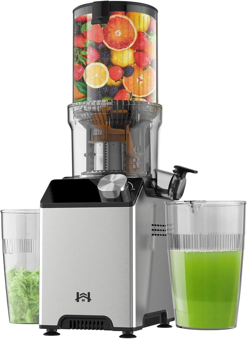 Cold Press Juicer, Wide Feed Chute Juicer Machines, Stainless Steel Slow Masticating Juicers Easy to Clean, Vegetables & Fruits Juice Extractor, High Juice Yield, Silver Color Knob