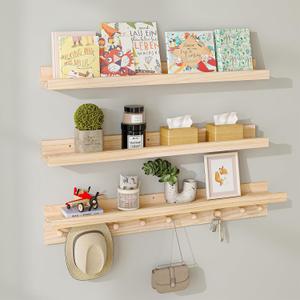 MBYD Natural Wood Shelf with Hooks, Floating Shelves for Wall Bathroom Shelves, Wall Mounted Nursery Bookshelf for Kids Room, Toy Storage Shelf for Bedroom Picture Ledge Shelves (Natural, 36 Inch)