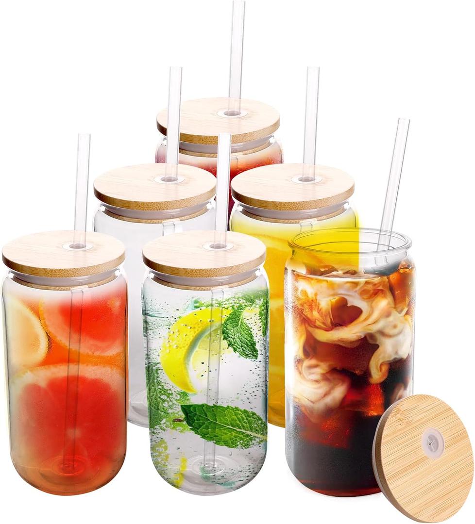 16oz Drinking Clear Cups with Bamboo Lids and Straws, 6pcs