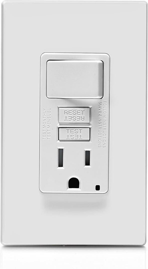 Leviton GFCI Switch Outlet Combo, 15 Amp, Self Test, Tamper-Resistant with LED Indicator Light, Saves Space, GFSW1-W, White