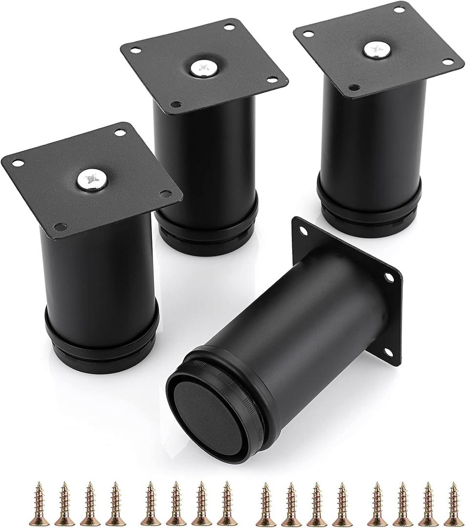 OwnMy 4PCS 4 Inch Furniture Legs Feets Metal Cabinet Legs, Adjustable Round Metal Furniture Replacement Legs Corner Feets Heavy Duty Table Leg Extenders for Sofa Couch Chair (Black)