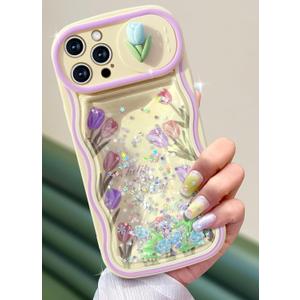 Toycamp for iPhone 15 Pro Max Case - Women Girls Cute Phone Cover Flower Tulip with Sliding Camera Cover Girly Glitter Pretty Kawaii Design Flowing Liquid Quicksand Case for iPhone 15 Pro Max 6.7 "