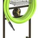 GOFORWILD Garden Hose Holder with Brass Faucet, Freestanding Water Hose Stand with Storage Basket, Detachable Heavy Duty Hose Reel Hanger Holds 150-Feet Hose for Outside Patio Yard Lawn