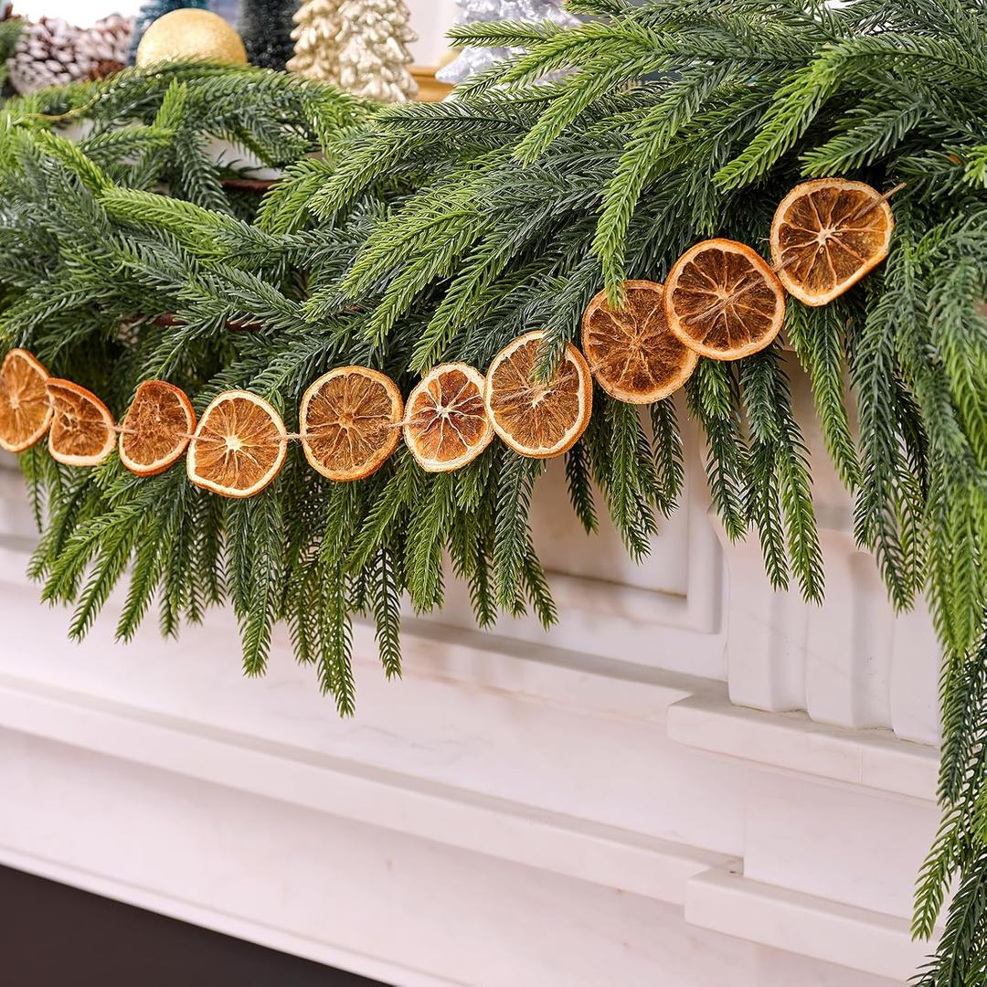 6FT Norfolk Pine Garland with 6FT Orange Slice Garland Set,Realistic Artificial Greenery Seasonal Garlands,Christmas Faux Gradient Garlands for Mantle Holiday Indoor Outdoor Fireplace Xmas Decor