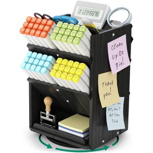 Bamboo Rotating Large Desk Organizer - Darfoo Art Supply Organizer, 13 Compartments, 1000+ Pencil Holder Capacity, Easy DIY Assembly, Spinning Desktop Organizer for Home Office Supply (Black)