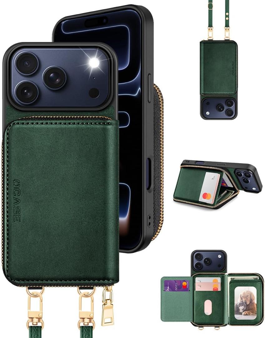 OCASE Compatible with iPhone 17 Pro Max Crossbody Wallet Case with Card Holder, PU Leather Zipper Handbag Phone Purse with RFID Blocking Kickstand Wrist Strap Lanyard 6.9 Inch, Blackish Green