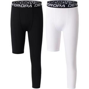 DEVOROPA Youth Boys One Leg Compression Pants for Basketball 3/4 Leggings Sports Tights Kids Athletic Soccer Base Layer