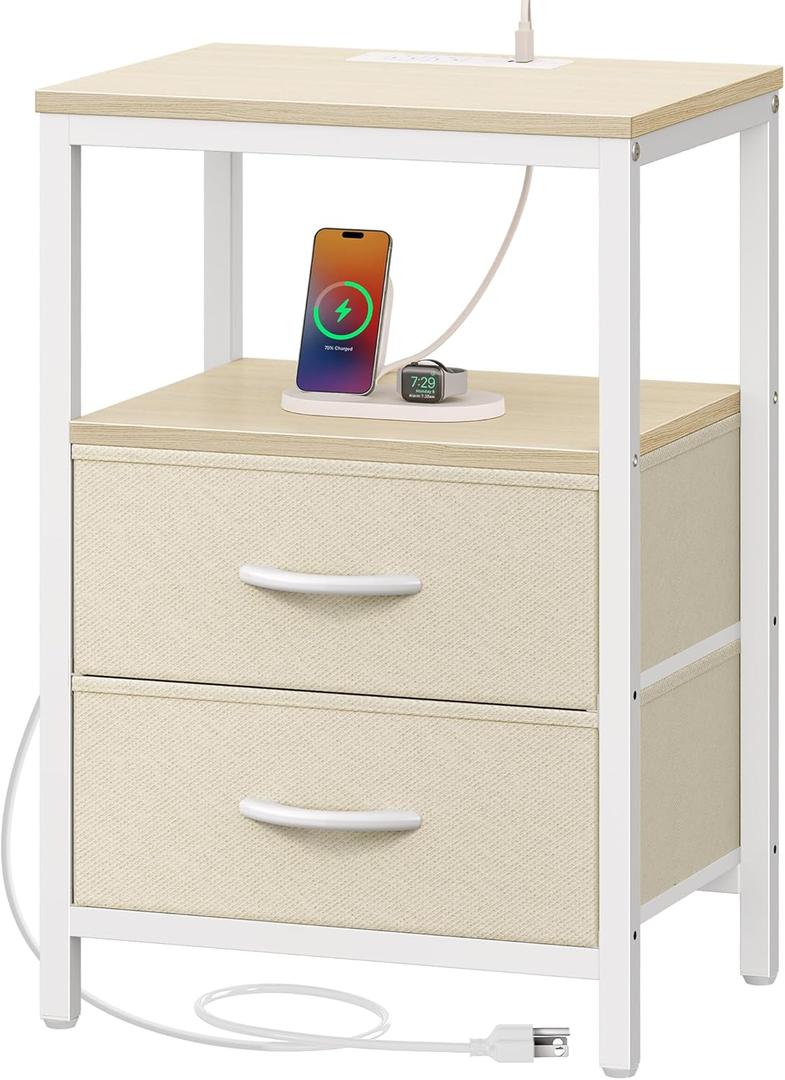 Huuger Nightstand with Charging Station, Side Table with Fabric Drawers, End Table with Open Shelf, Bedside Table with USB Ports and Outlets, Night Stand for Bedroom, White Marple (11.8"D x 15.7"W x 23.6"H (2 Drawers))