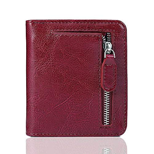 FUNTOR Leather Wallet for Women, Ladies Small Compact Bifold Pocket RFID Blocking Wallet for Women, Waxed Red