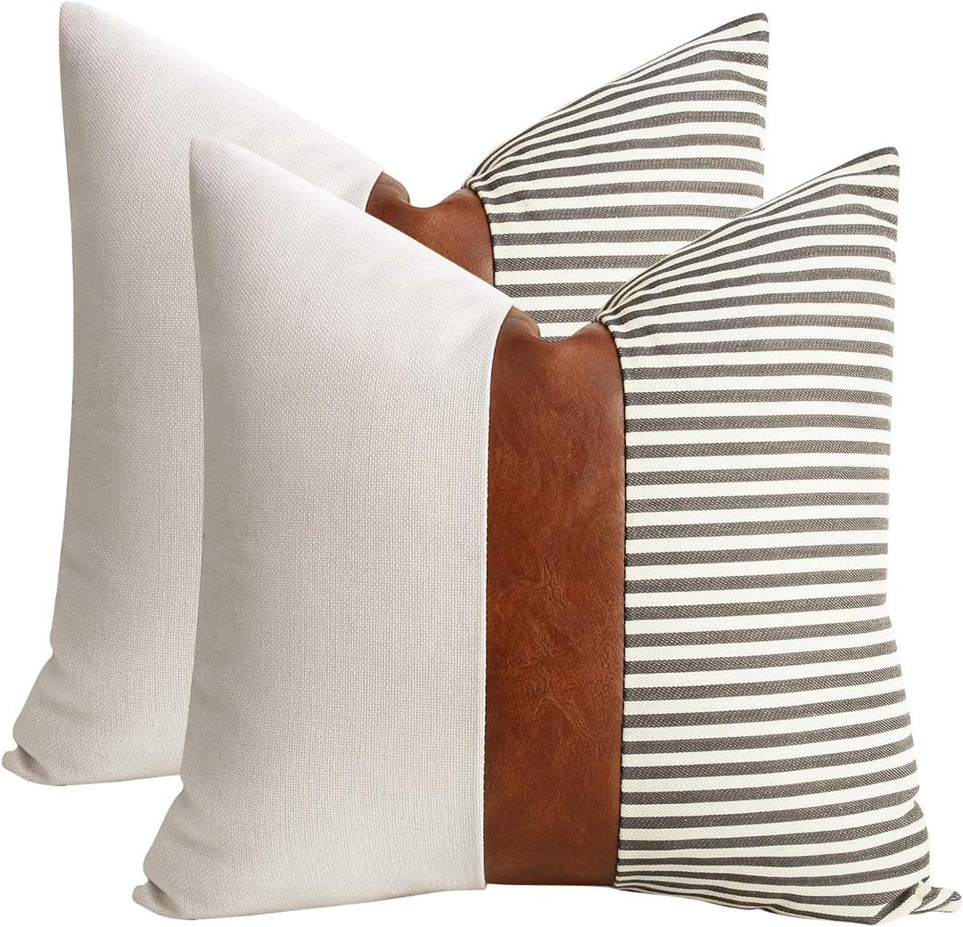 cygnus 20x20 Pillow Covers Set of 2 Farmhouse Decor Stripe Patchwork Linen Throw Pillow Covers Modern Faux Leather Covers for Couch Sofa, Gray