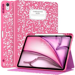 Supveco Case for iPad Air 11 Inch (M4 2026/M3 2025/M2 2024),iPad Air 5th/4th Generation 10.9 Inch 2022/2020 with Pencil Holder-[Auto Wake/Sleep],Premium Folio Stand Soft TPU Back Cover-Hot Pink
