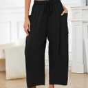 Kissonic Womens Wide Leg Pants Casual Drawstring Summer Palazzo Harem Pants (Black, XL)