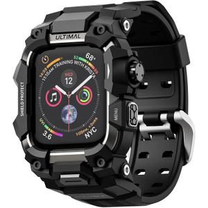 ULTIMAL Rugged Case with Band for Apple Watch 45mm, Compatible with Apple Watch Series 9/8/7 45mm, Military Grade Shockproof Bumper Cover for iWatch Tactical Band (45mm, Black) (45mm, Black)