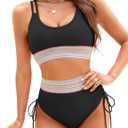 High Waisted Bikini Sets for Women Sporty Color Block Two Piece Bathing Suit Tummy Control Swimsuits Scoop Neck (Black, S)