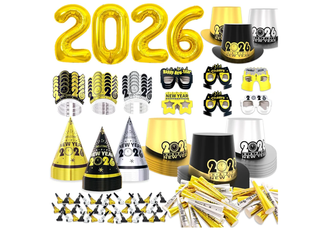New Years Eve Party Supplies 2026 for 90 Guests, Happy New Years Decorations Party Favors Includes Top Hats, Tiaras, Glasses Accessories for Adults Kids Nye Decorations 2026