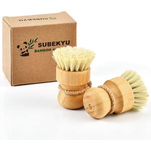 SUBEKYU Bamboo Dish Scrub Brushes for Kitchen, Wooden Cleaning Scrubbers Set for Washing Cast Iron Pan/Pot, Natural Sisal Bristles, Set of 2 (Regular size)