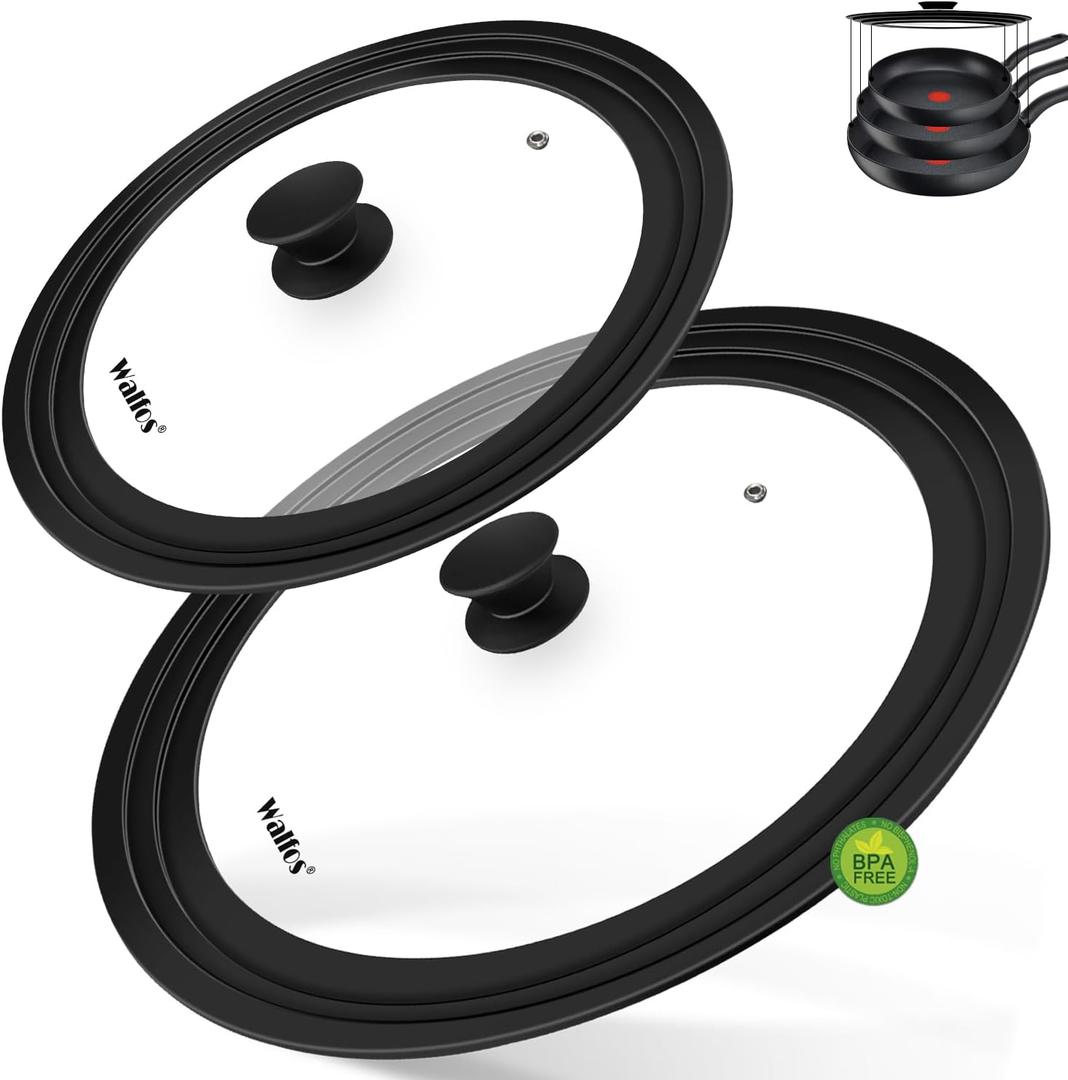 Walfos Universal Lid, Tempered Pan Lid with Heat Resistant Silicone Rim, Fits All 7" to 12" Diameter Cookware, Pots, Pans and Skillets (2Pk)