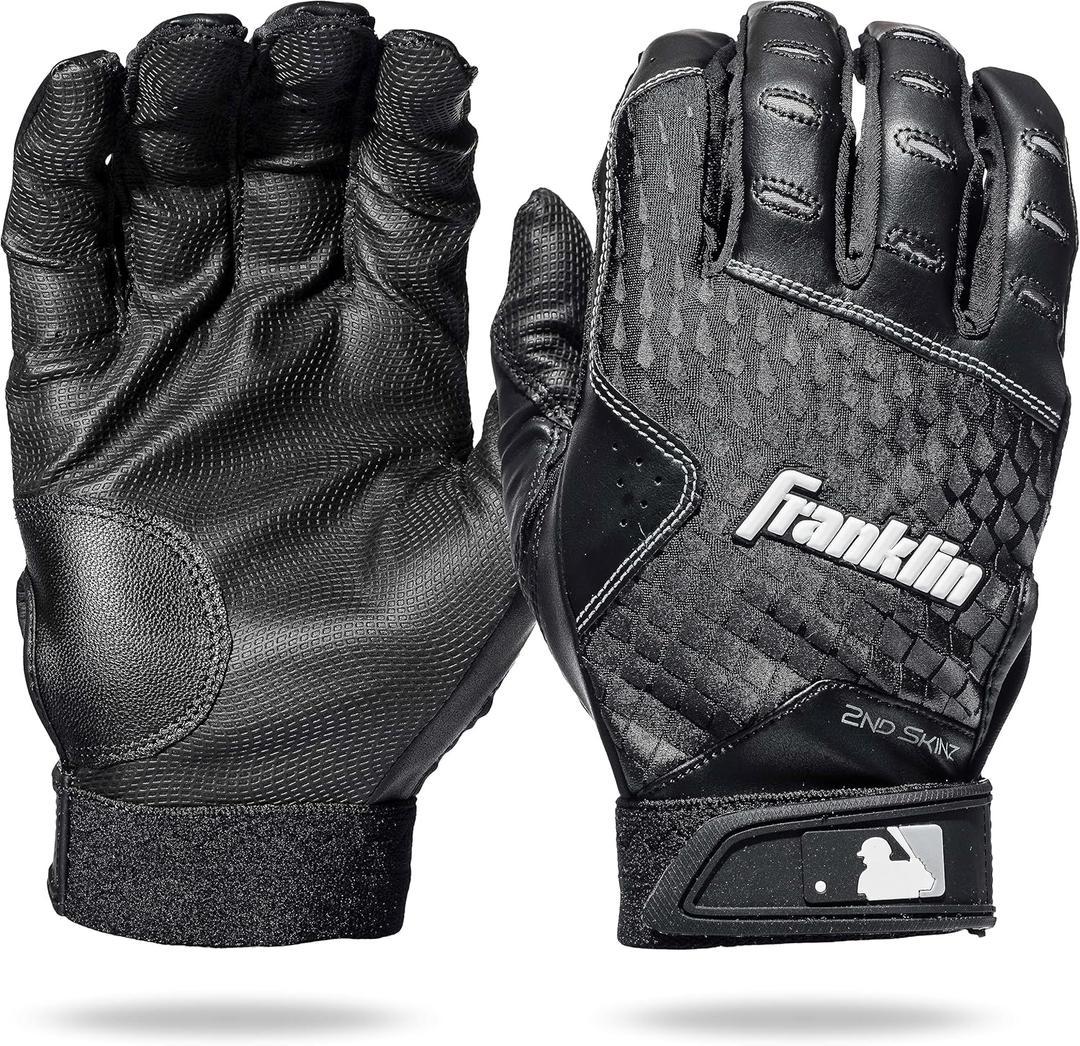 Franklin Sports MLB 2nd Skinz Batting Gloves - Adult & Youth Baseball & Softball - Men's & Kids Teeball & Softball Gloves, Youth M(Black/Black)